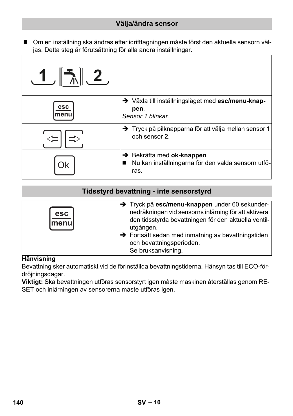Välja/ändra sensor, Tidsstyrd bevattning - inte sensorstyrd, Esc menu | Karcher SensorTimer TM ST6 DUO eco!ogic User Manual | Page 140 / 374