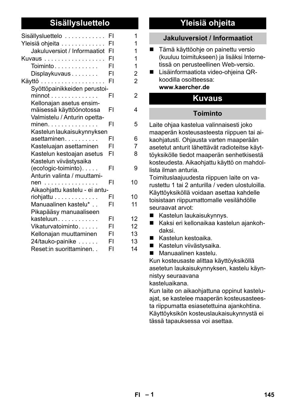 Suomi, Sisällysluettelo, Yleisiä ohjeita | Jakuluversiot / informaatiot, Kuvaus, Toiminto | Karcher SensorTimer TM ST6 DUO eco!ogic User Manual | Page 145 / 374