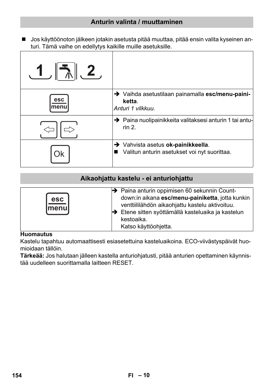 Anturin valinta / muuttaminen, Aikaohjattu kastelu - ei anturiohjattu, Esc menu | Karcher SensorTimer TM ST6 DUO eco!ogic User Manual | Page 154 / 374