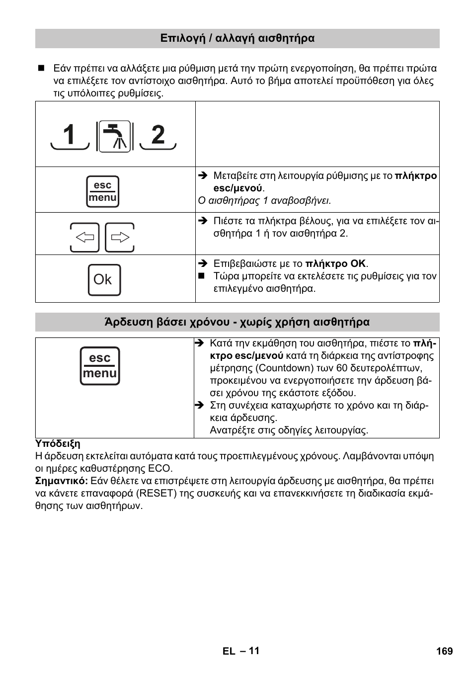 Επιλογή / αλλαγή αισθητήρα, Άρδευση βάσει χρόνου - χωρίς χρήση αισθητήρα, Esc menu | Karcher SensorTimer TM ST6 DUO eco!ogic User Manual | Page 169 / 374