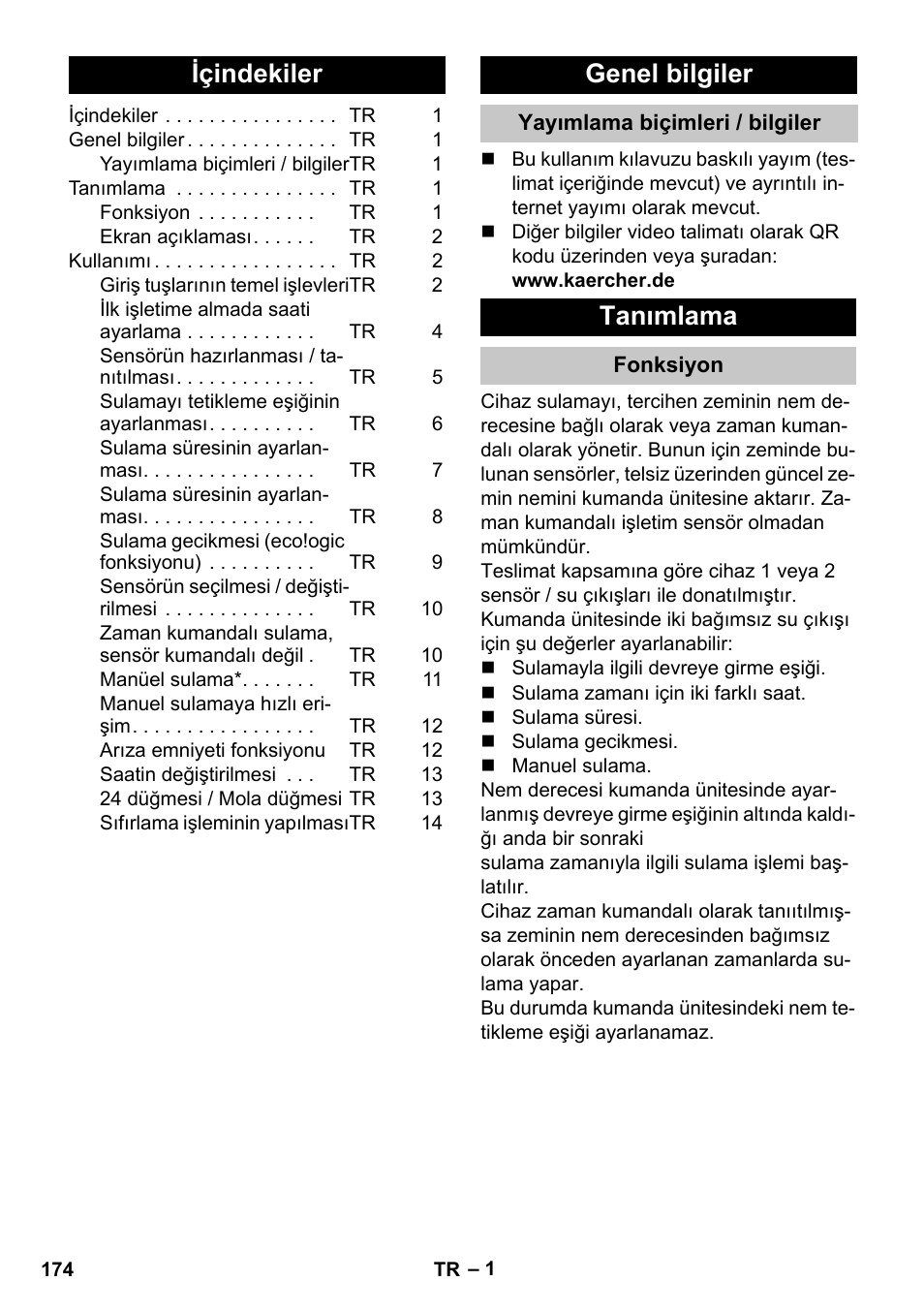 Türkçe, Içindekiler, Genel bilgiler | Yayımlama biçimleri / bilgiler, Tanımlama, Fonksiyon | Karcher SensorTimer TM ST6 DUO eco!ogic User Manual | Page 174 / 374