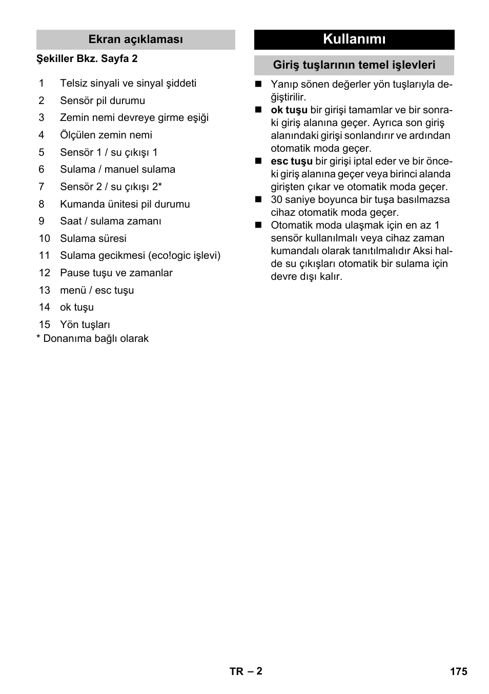 Ekran açıklaması, Kullanımı, Giriş tuşlarının temel işlevleri | Karcher SensorTimer TM ST6 DUO eco!ogic User Manual | Page 175 / 374