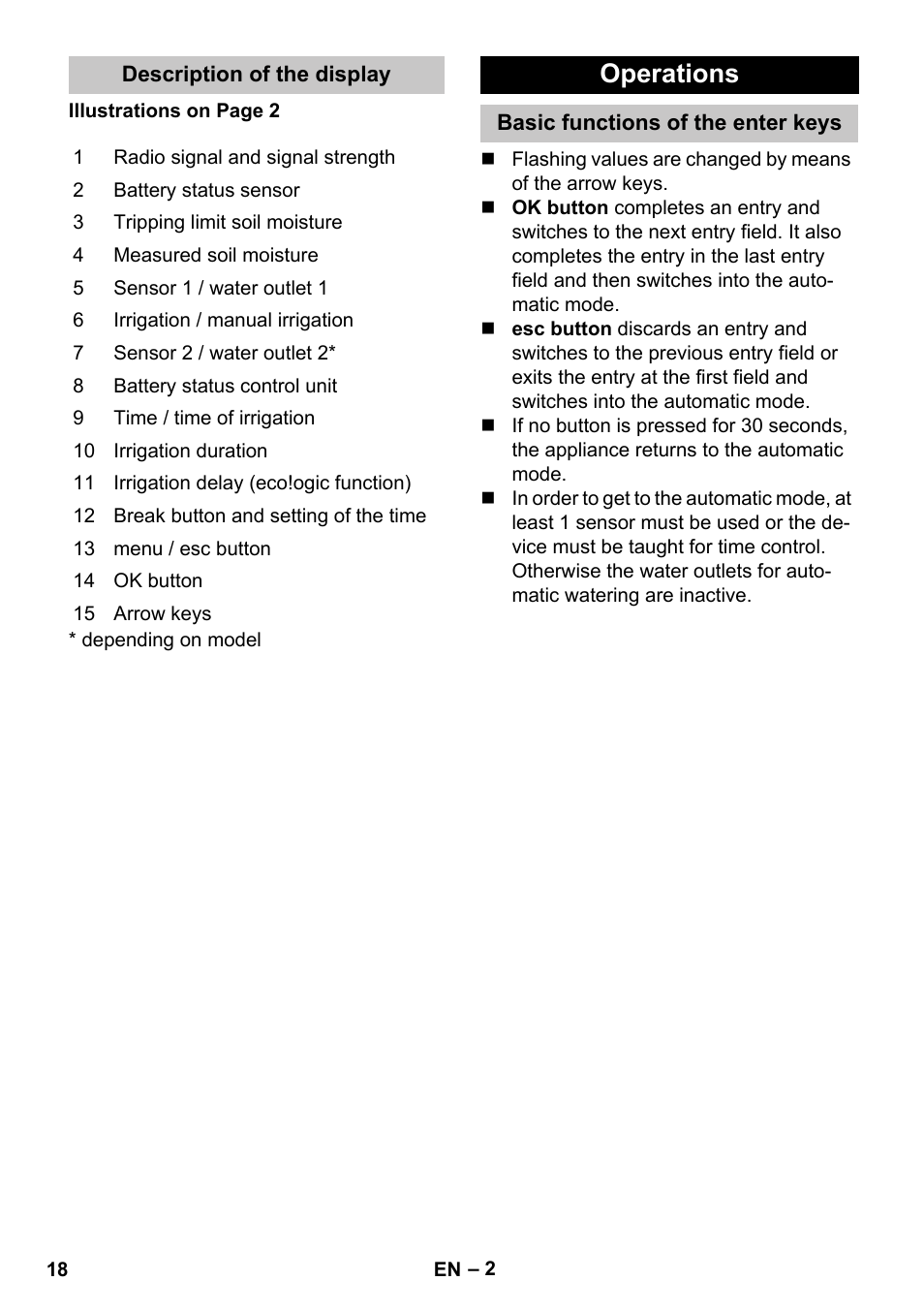 Description of the display, Operations, Basic functions of the enter keys | Karcher SensorTimer TM ST6 DUO eco!ogic User Manual | Page 18 / 374