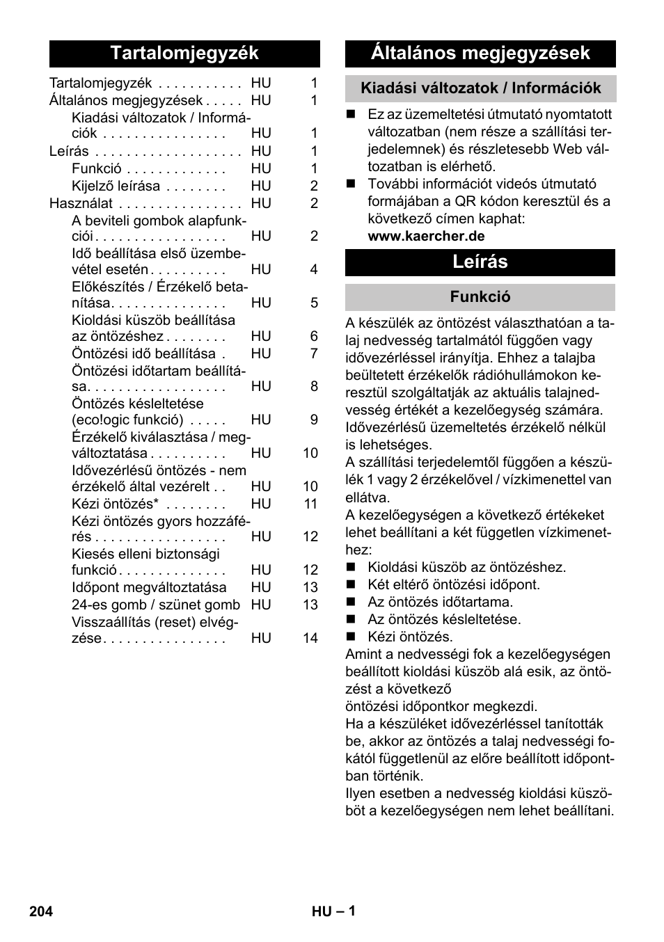 Magyar, Tartalomjegyzék, Általános megjegyzések | Kiadási változatok / információk, Leírás, Funkció | Karcher SensorTimer TM ST6 DUO eco!ogic User Manual | Page 204 / 374