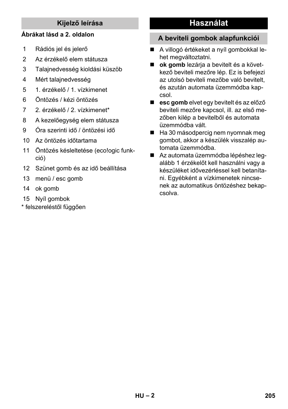 Kijelző leírása, Használat, A beviteli gombok alapfunkciói | Karcher SensorTimer TM ST6 DUO eco!ogic User Manual | Page 205 / 374