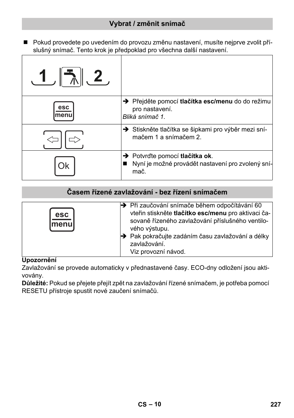 Vybrat / změnit snímač, Časem řízené zavlažování - bez řízení snímačem, Esc menu | Karcher SensorTimer TM ST6 DUO eco!ogic User Manual | Page 227 / 374