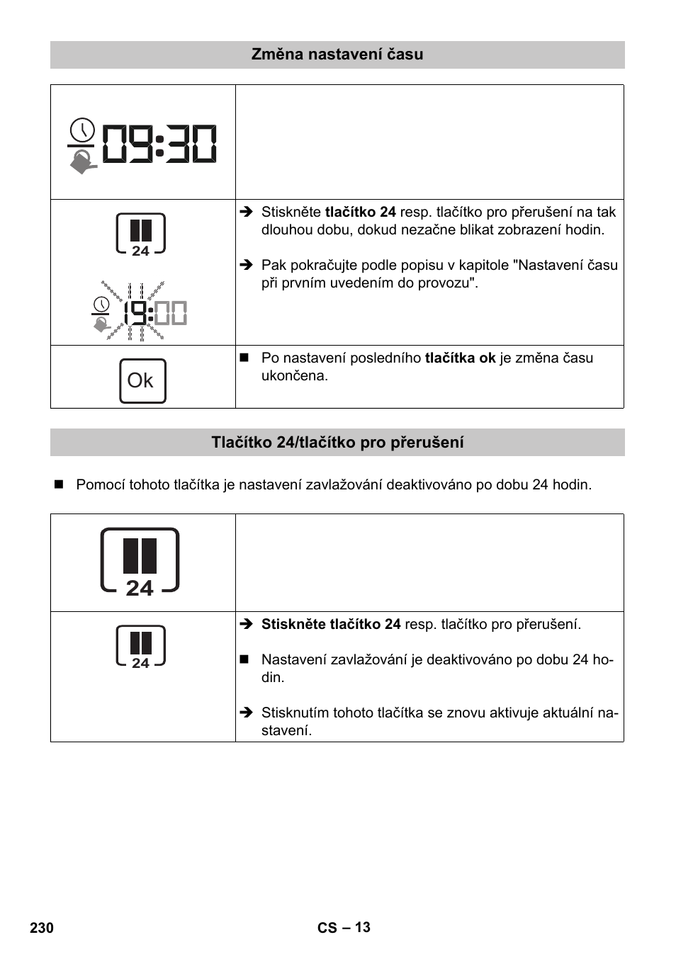 Změna nastavení času, Tlačítko 24/tlačítko pro přerušení | Karcher SensorTimer TM ST6 DUO eco!ogic User Manual | Page 230 / 374