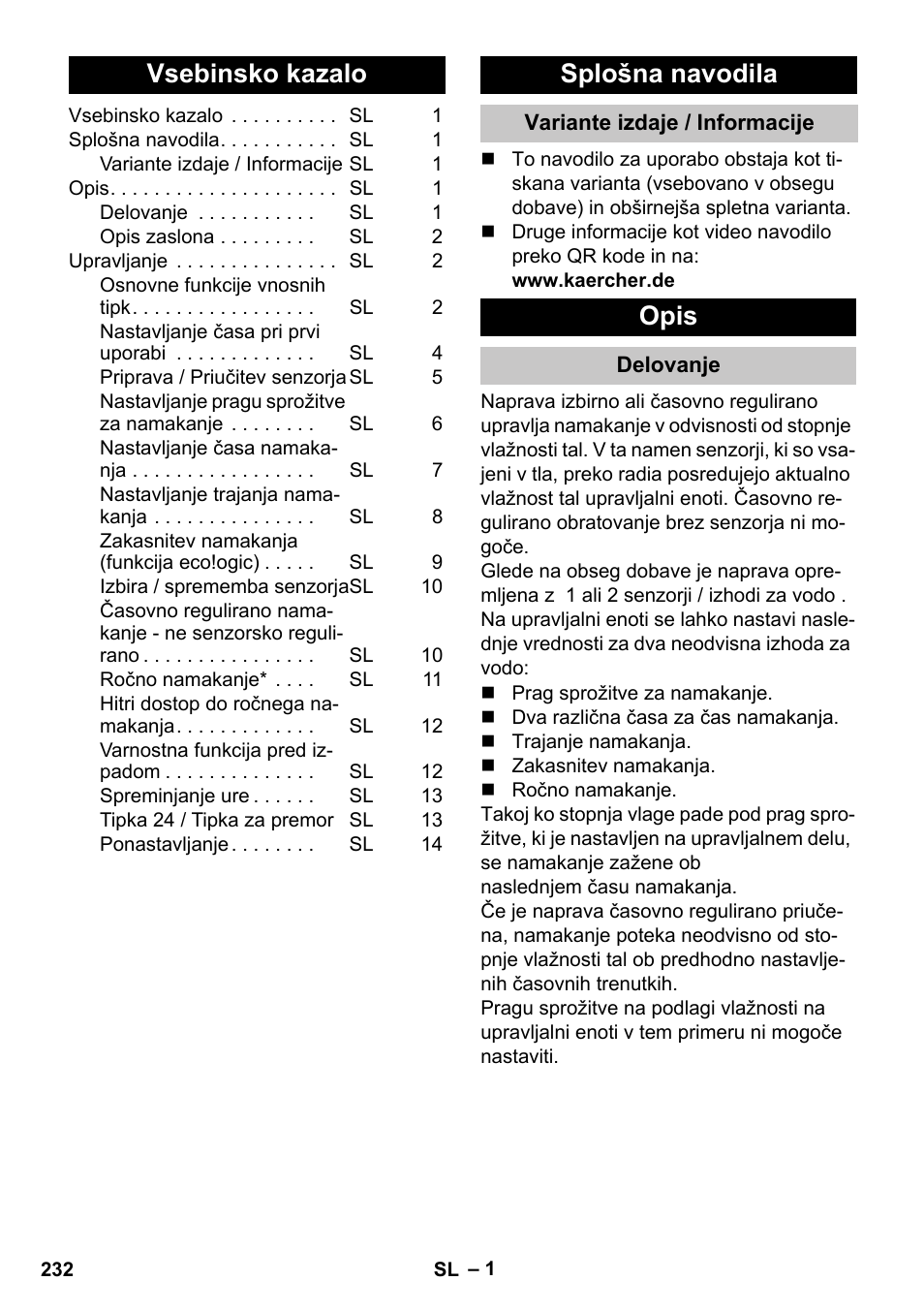 Slovenščina, Vsebinsko kazalo, Splošna navodila | Variante izdaje / informacije, Opis, Delovanje | Karcher SensorTimer TM ST6 DUO eco!ogic User Manual | Page 232 / 374