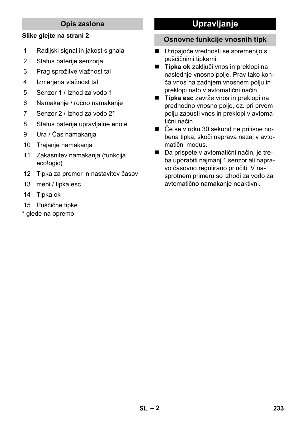 Opis zaslona, Upravljanje, Osnovne funkcije vnosnih tipk | Karcher SensorTimer TM ST6 DUO eco!ogic User Manual | Page 233 / 374