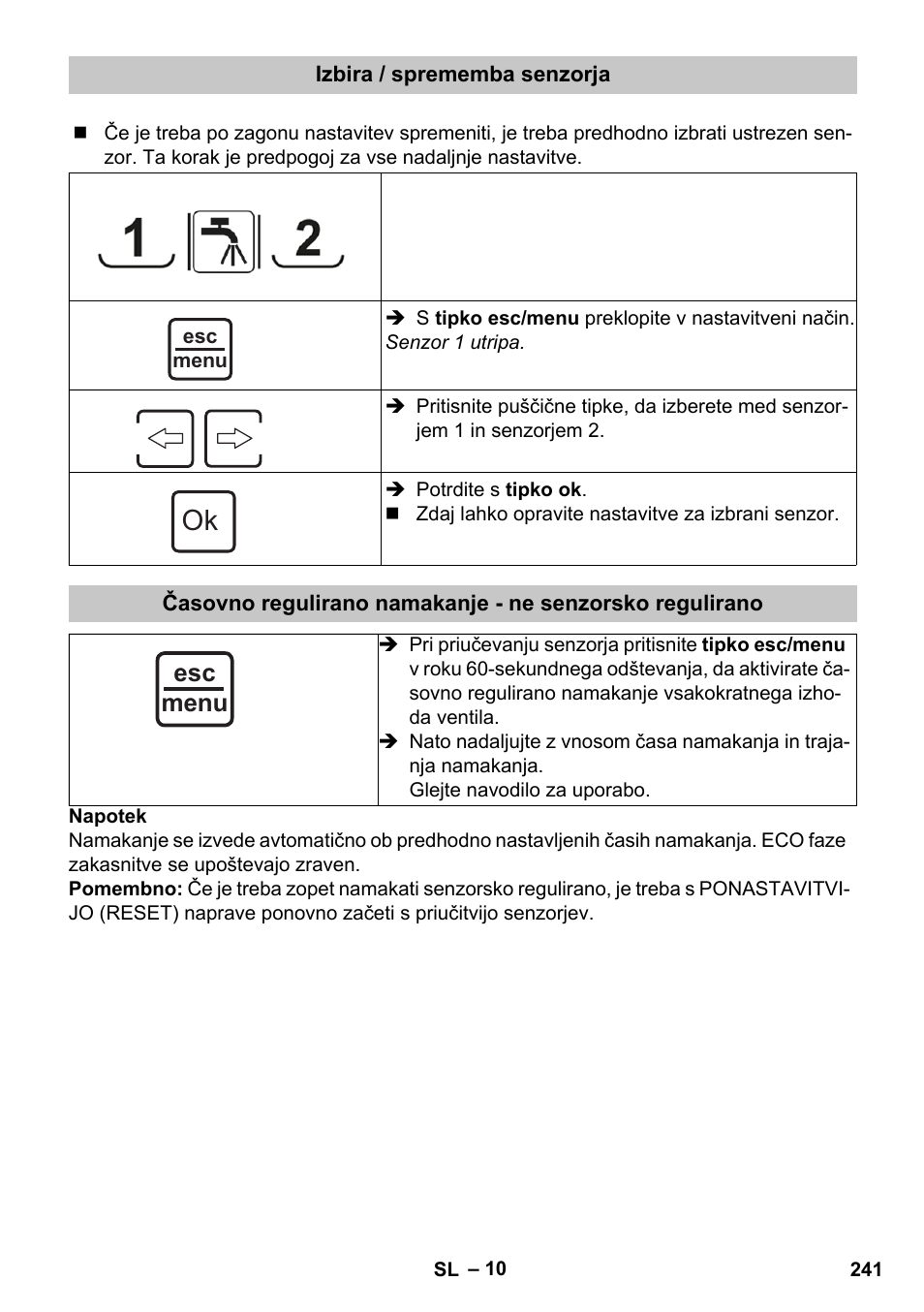 Izbira / sprememba senzorja, Esc menu | Karcher SensorTimer TM ST6 DUO eco!ogic User Manual | Page 241 / 374