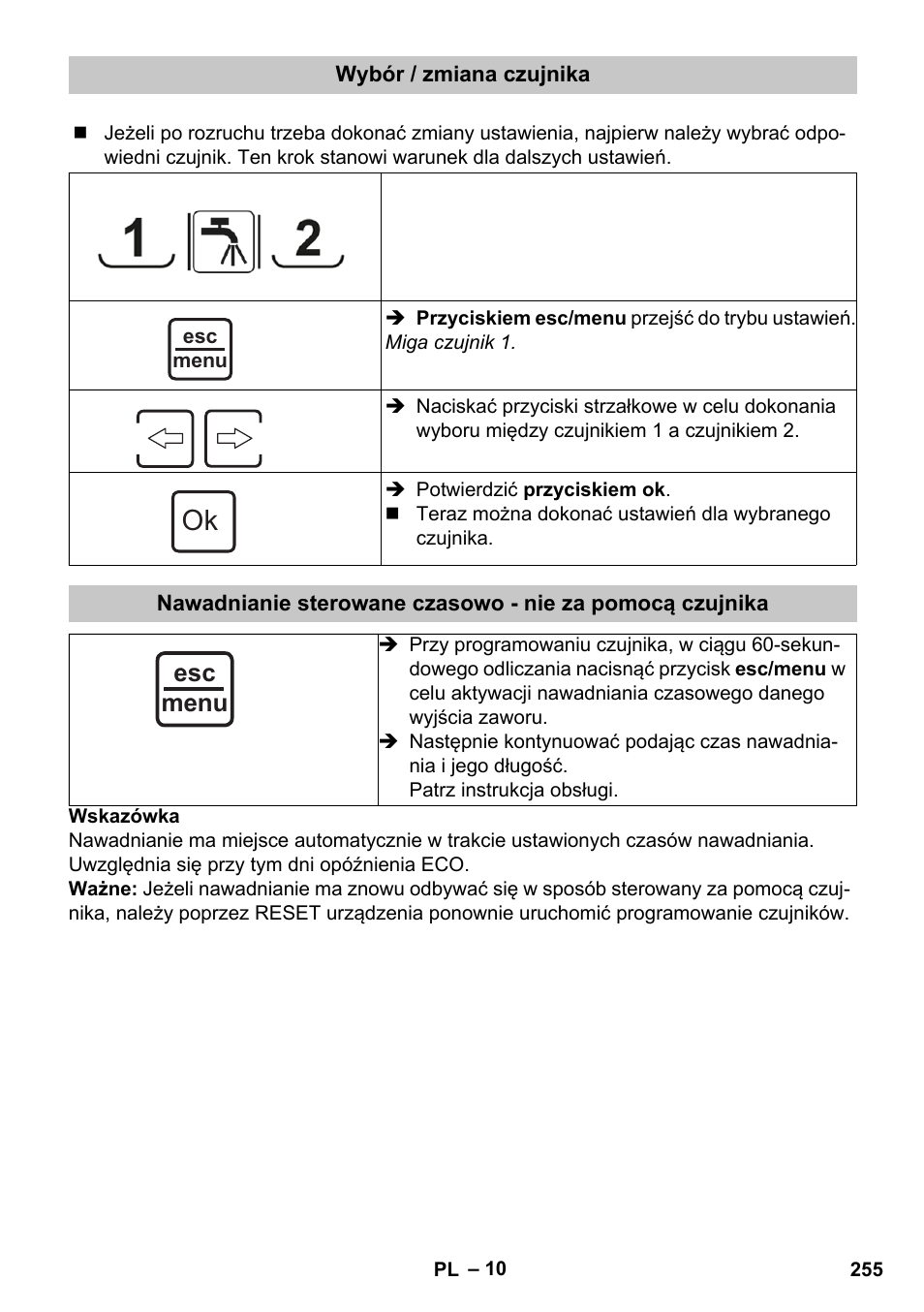 Wybór / zmiana czujnika, Esc menu | Karcher SensorTimer TM ST6 DUO eco!ogic User Manual | Page 255 / 374