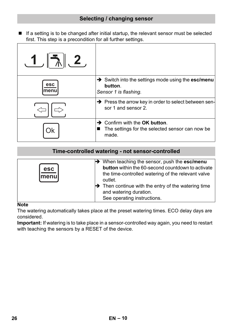 Selecting / changing sensor, Time-controlled watering - not sensor-controlled, Esc menu | Karcher SensorTimer TM ST6 DUO eco!ogic User Manual | Page 26 / 374