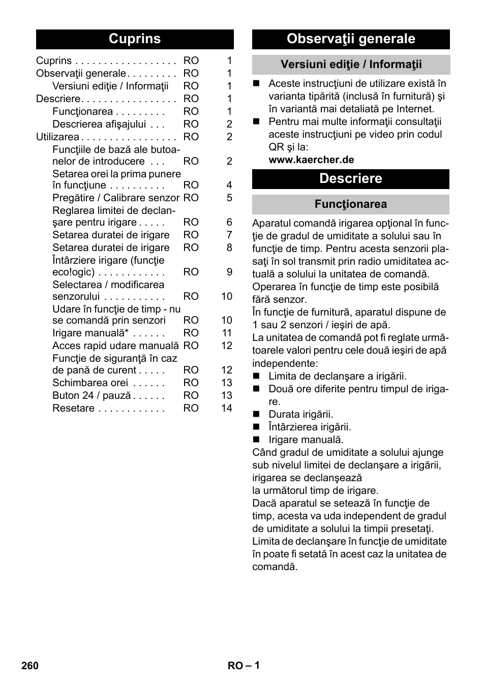 Româneşte, Cuprins, Observaţii generale | Versiuni ediţie / informaţii, Descriere, Funcţionarea | Karcher SensorTimer TM ST6 DUO eco!ogic User Manual | Page 260 / 374