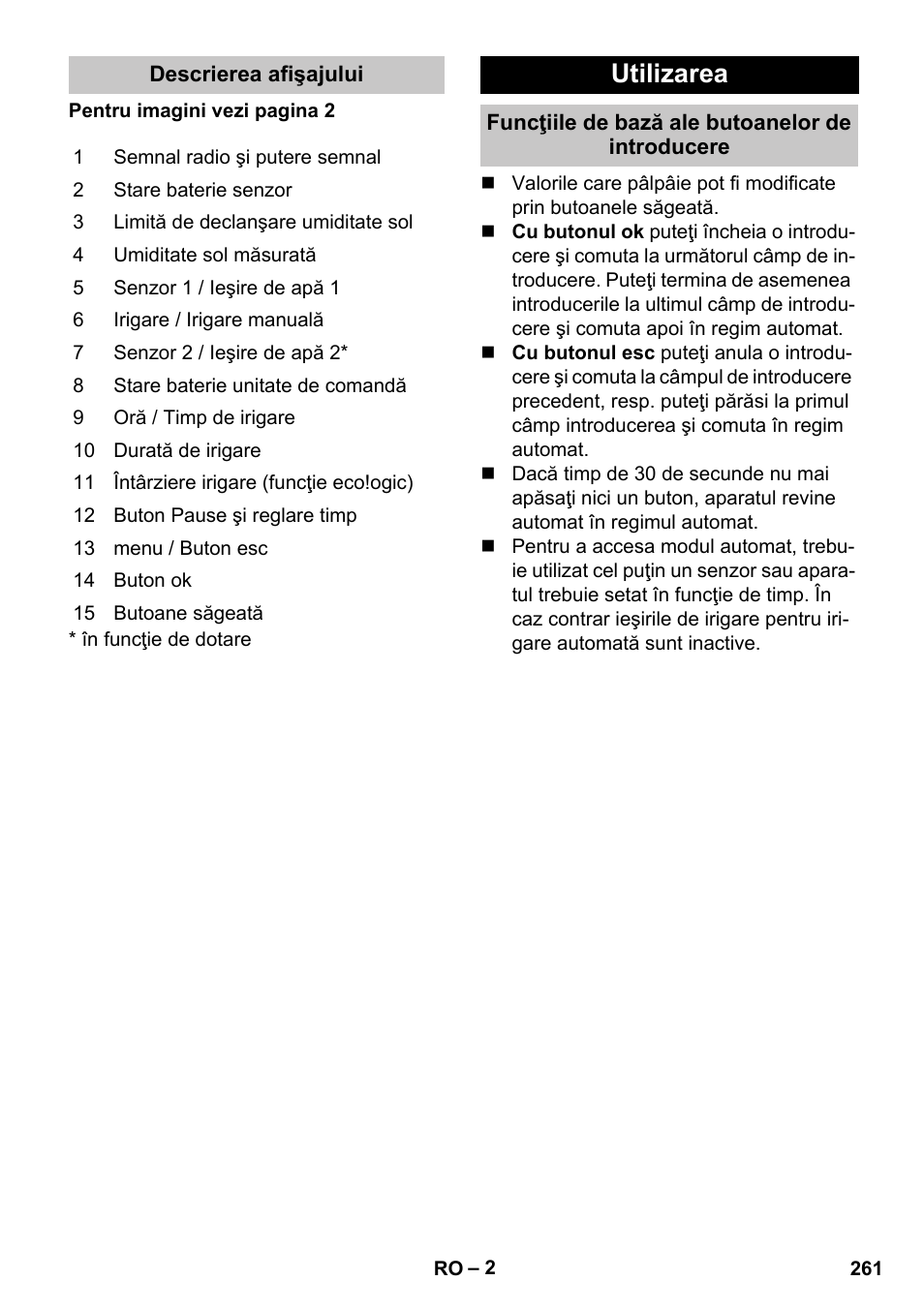 Descrierea afişajului, Utilizarea, Funcţiile de bază ale butoanelor de introducere | Karcher SensorTimer TM ST6 DUO eco!ogic User Manual | Page 261 / 374