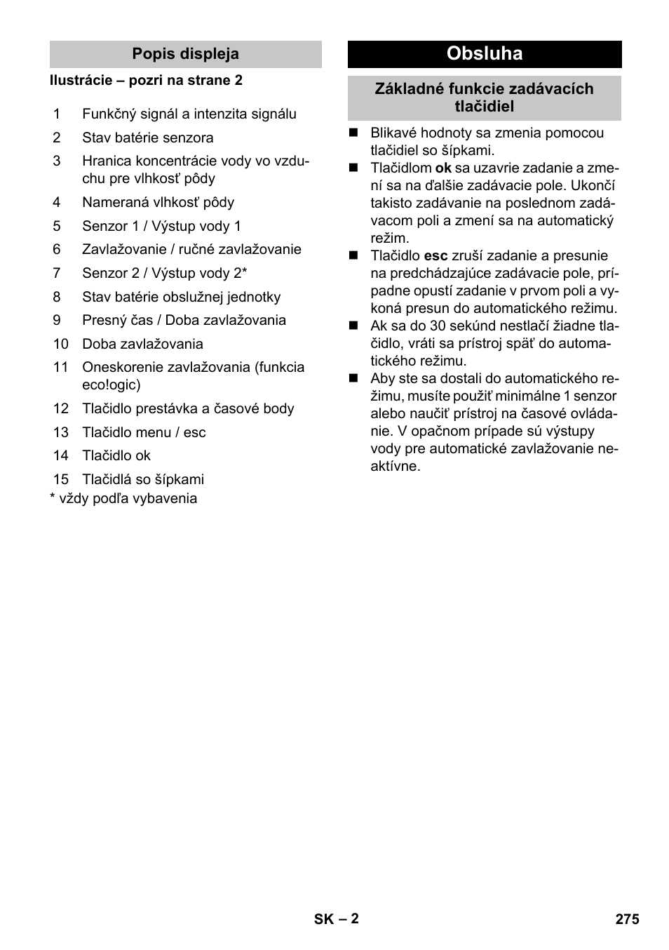 Popis displeja, Obsluha, Základné funkcie zadávacích tlačidiel | Karcher SensorTimer TM ST6 DUO eco!ogic User Manual | Page 275 / 374