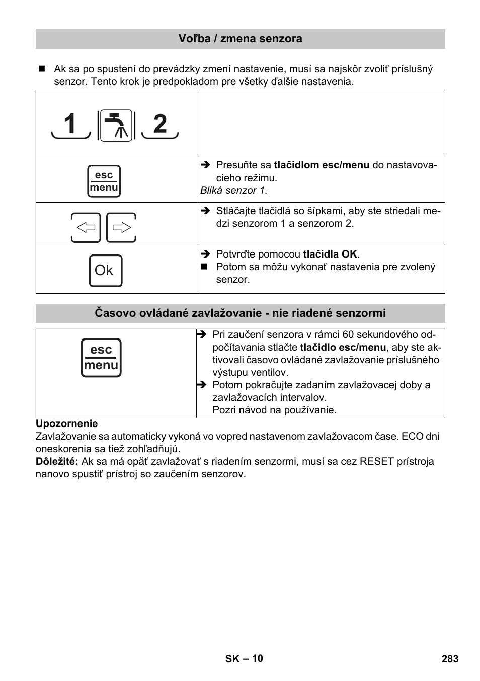 Voľba / zmena senzora, Esc menu | Karcher SensorTimer TM ST6 DUO eco!ogic User Manual | Page 283 / 374