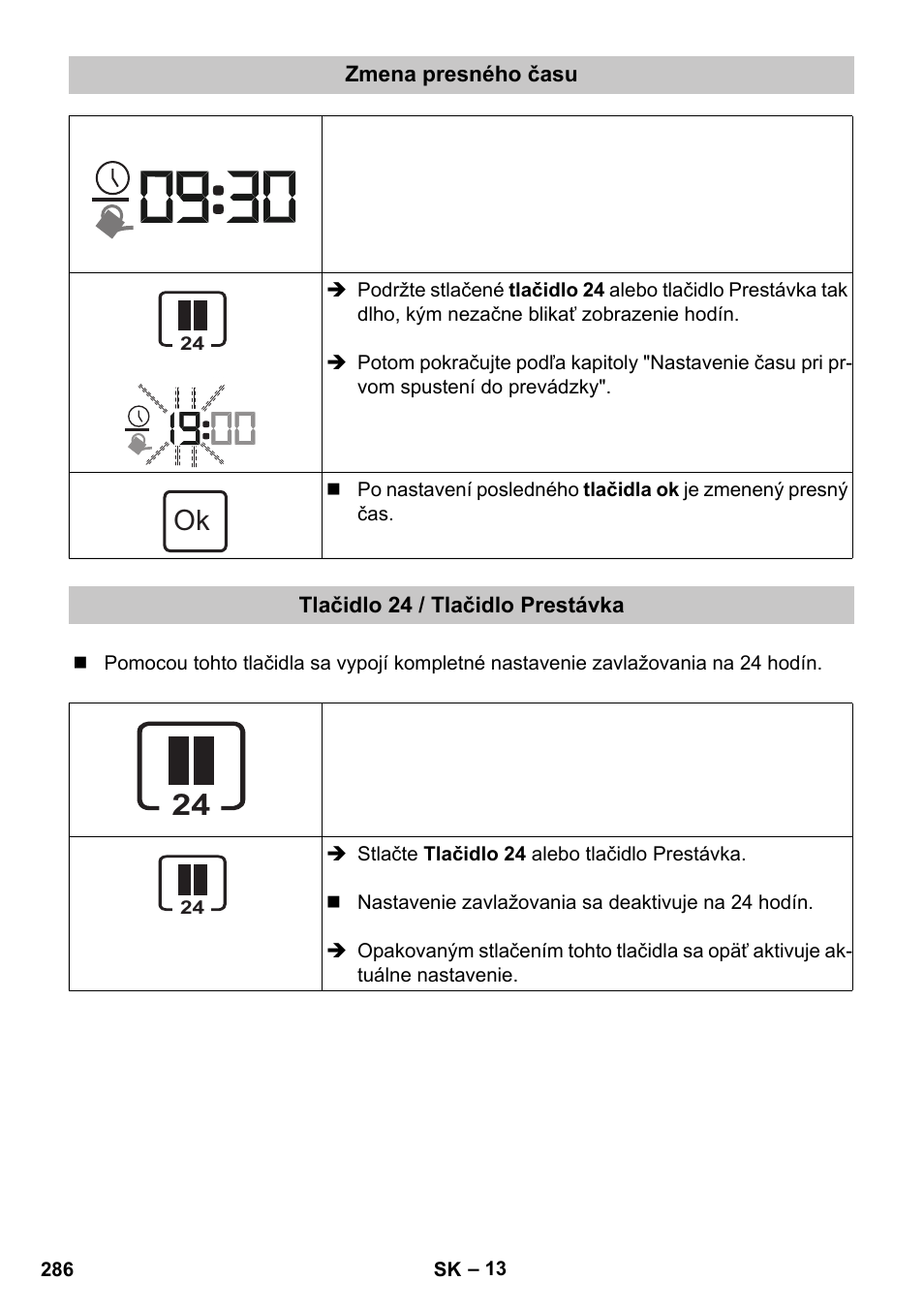 Zmena presného času, Tlačidlo 24 / tlačidlo prestávka | Karcher SensorTimer TM ST6 DUO eco!ogic User Manual | Page 286 / 374