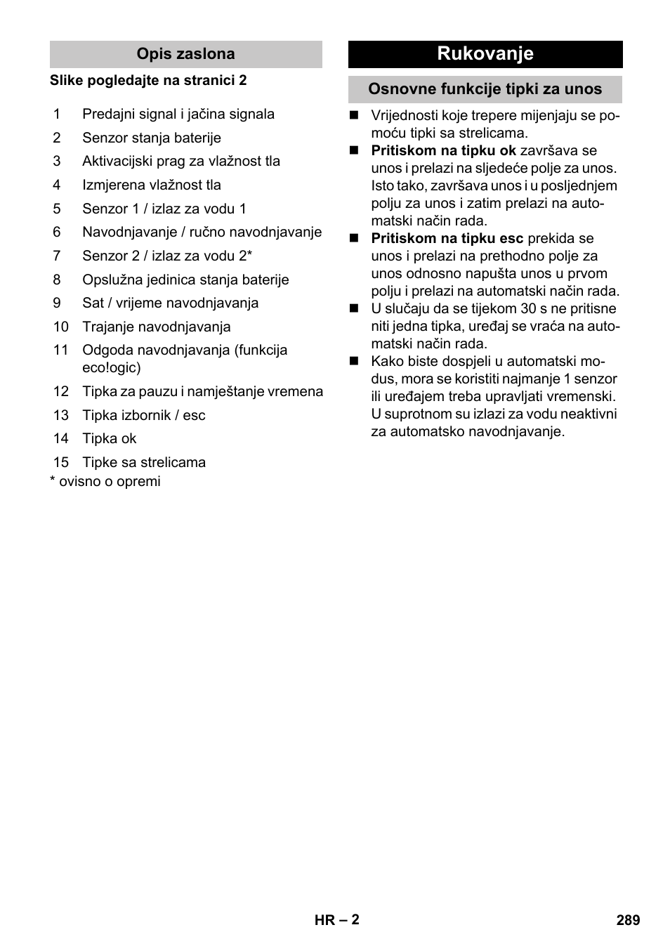 Opis zaslona, Rukovanje, Osnovne funkcije tipki za unos | Karcher SensorTimer TM ST6 DUO eco!ogic User Manual | Page 289 / 374