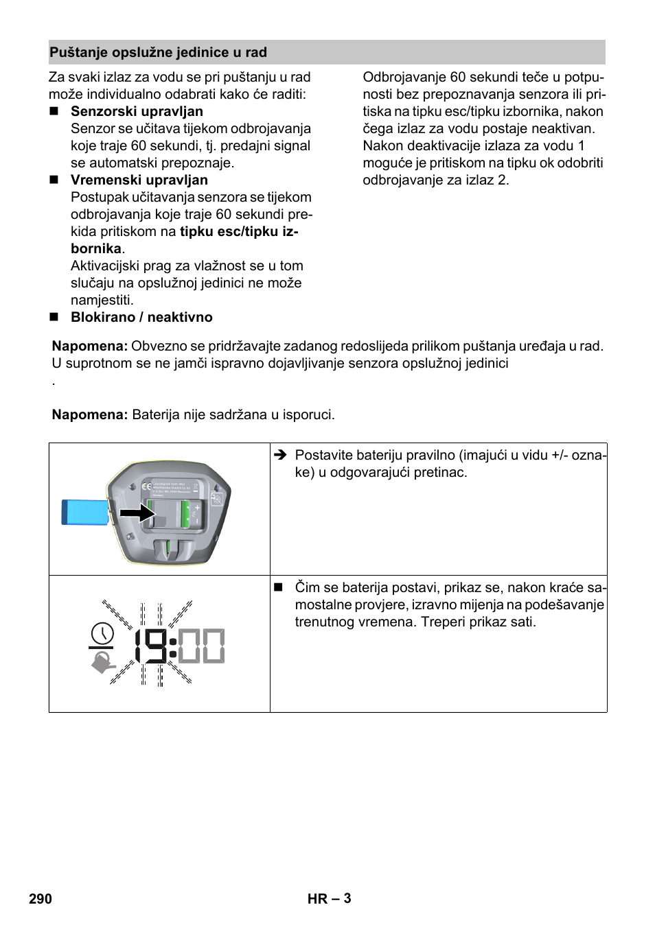 Puštanje opslužne jedinice u rad | Karcher SensorTimer TM ST6 DUO eco!ogic User Manual | Page 290 / 374