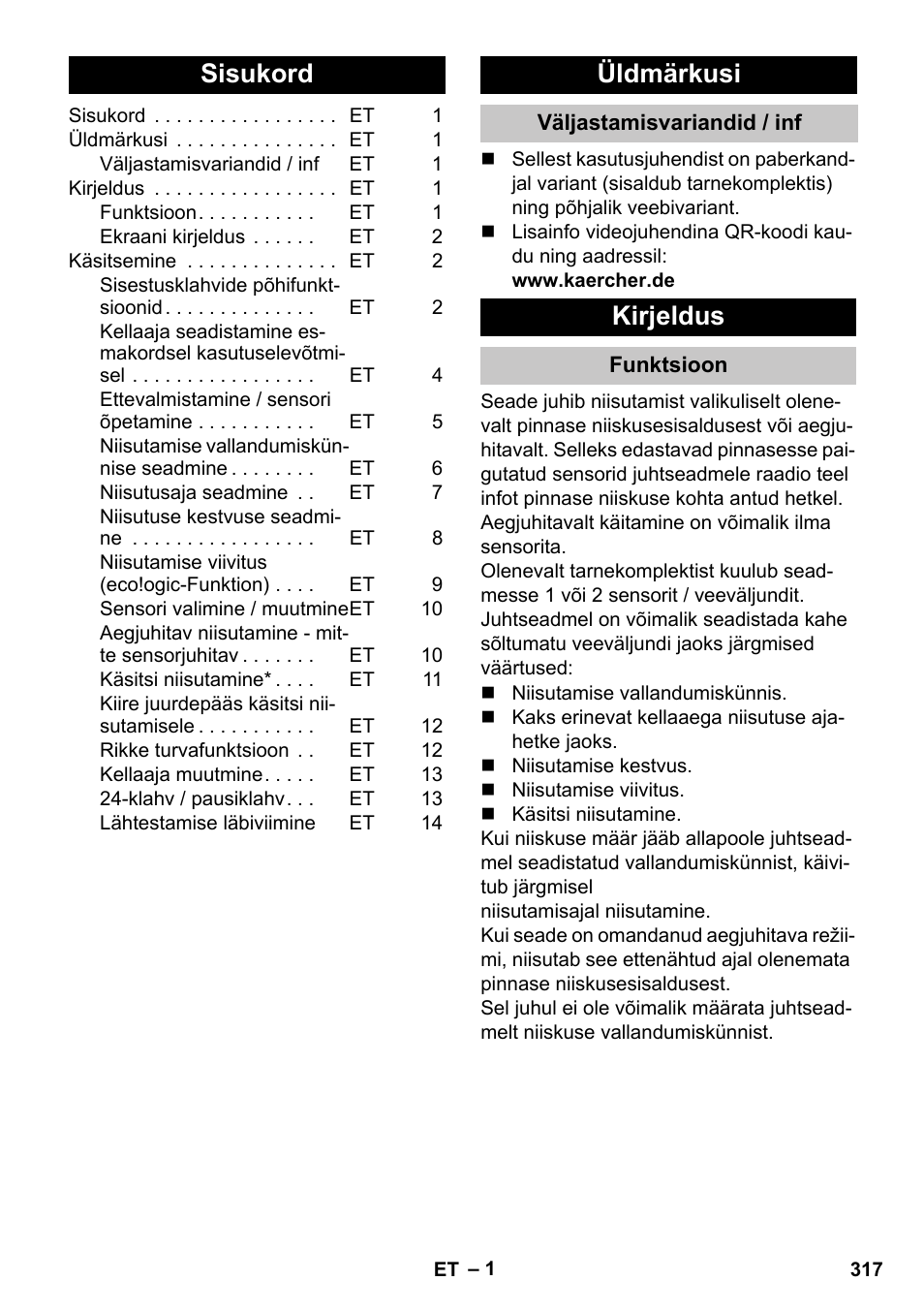 Eesti, Sisukord, Üldmärkusi | Väljastamisvariandid / inf, Kirjeldus, Funktsioon | Karcher SensorTimer TM ST6 DUO eco!ogic User Manual | Page 317 / 374