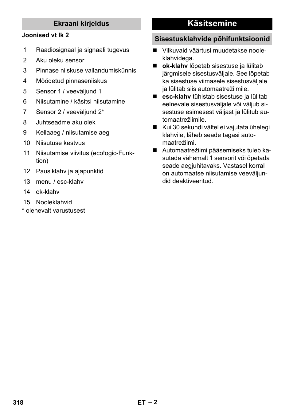 Ekraani kirjeldus, Käsitsemine, Sisestusklahvide põhifunktsioonid | Karcher SensorTimer TM ST6 DUO eco!ogic User Manual | Page 318 / 374