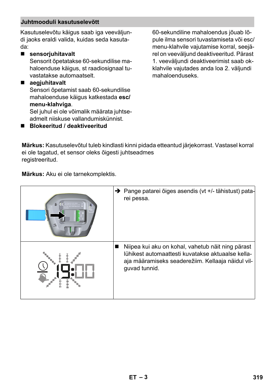 Juhtmooduli kasutuselevõtt | Karcher SensorTimer TM ST6 DUO eco!ogic User Manual | Page 319 / 374