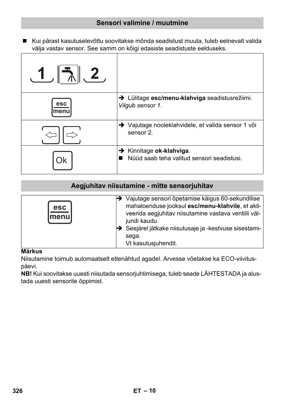 Sensori valimine / muutmine, Aegjuhitav niisutamine - mitte sensorjuhitav, Esc menu | Karcher SensorTimer TM ST6 DUO eco!ogic User Manual | Page 326 / 374