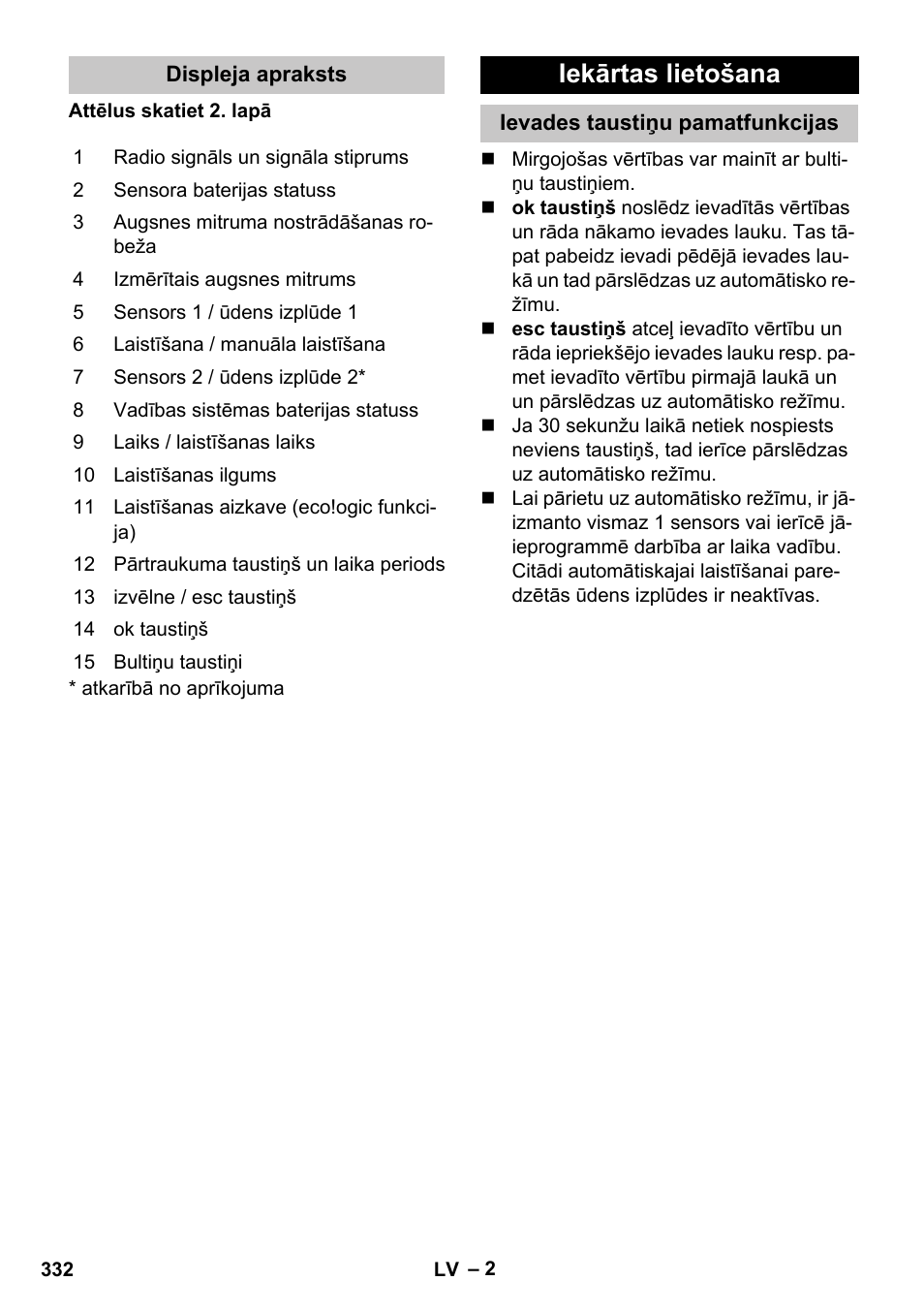 Displeja apraksts, Iekārtas lietošana, Ievades taustiņu pamatfunkcijas | Karcher SensorTimer TM ST6 DUO eco!ogic User Manual | Page 332 / 374