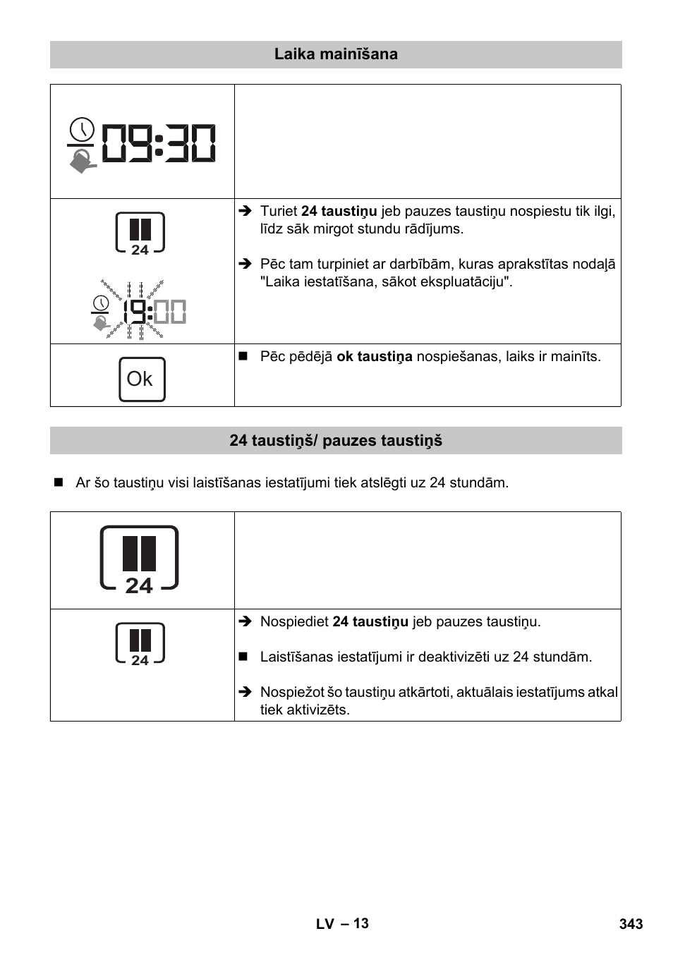 Laika mainīšana, 24 taustiņš/ pauzes taustiņš | Karcher SensorTimer TM ST6 DUO eco!ogic User Manual | Page 343 / 374