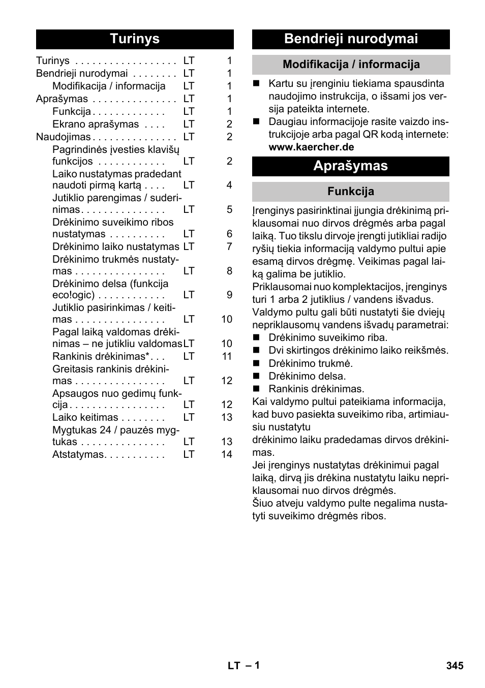 Lietuviškai, Turinys, Bendrieji nurodymai | Modifikacija / informacija, Aprašymas, Funkcija | Karcher SensorTimer TM ST6 DUO eco!ogic User Manual | Page 345 / 374