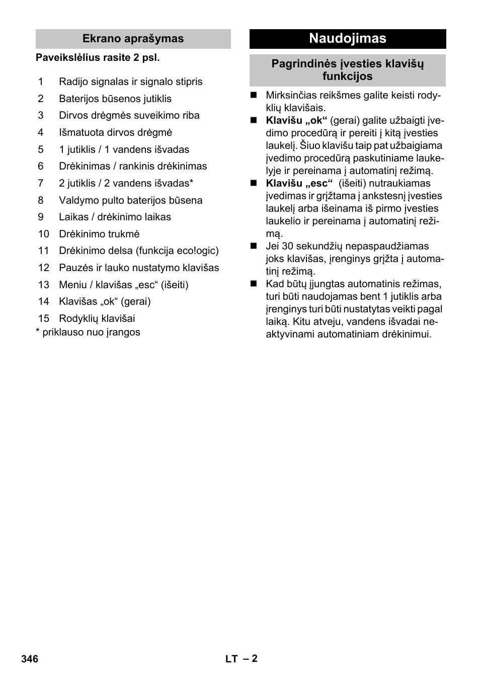 Ekrano aprašymas, Naudojimas, Pagrindinės įvesties klavišų funkcijos | Karcher SensorTimer TM ST6 DUO eco!ogic User Manual | Page 346 / 374