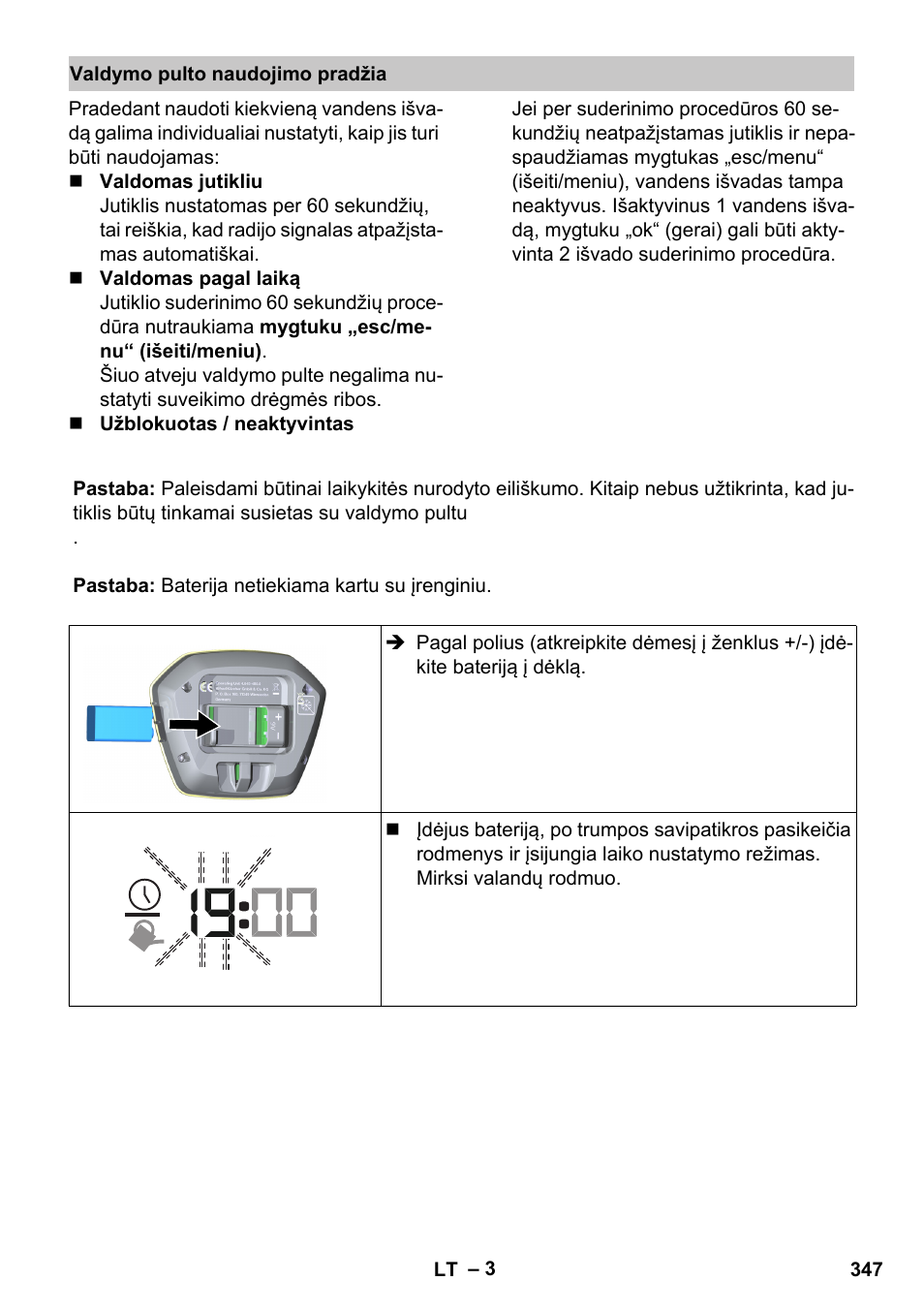 Valdymo pulto naudojimo pradžia | Karcher SensorTimer TM ST6 DUO eco!ogic User Manual | Page 347 / 374