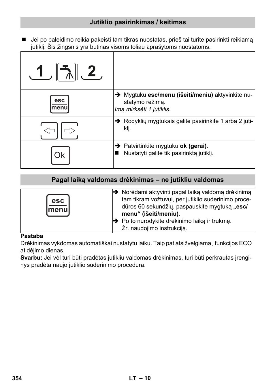 Jutiklio pasirinkimas / keitimas, Esc menu | Karcher SensorTimer TM ST6 DUO eco!ogic User Manual | Page 354 / 374