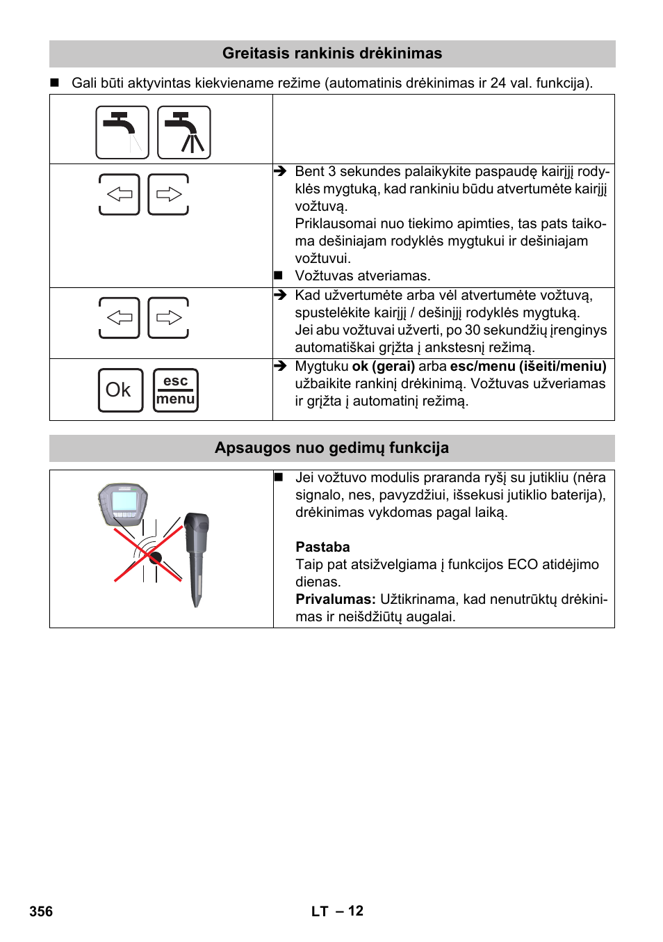 Greitasis rankinis drėkinimas, Apsaugos nuo gedimų funkcija | Karcher SensorTimer TM ST6 DUO eco!ogic User Manual | Page 356 / 374