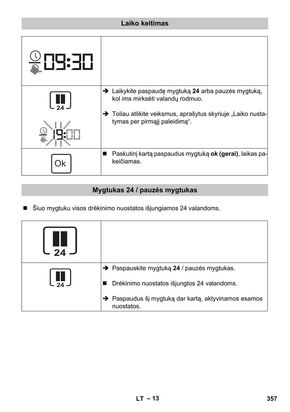 Laiko keitimas, Mygtukas 24 / pauzės mygtukas | Karcher SensorTimer TM ST6 DUO eco!ogic User Manual | Page 357 / 374