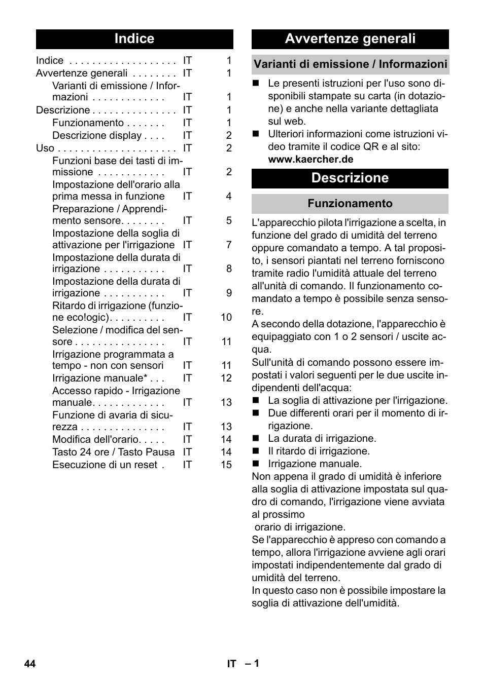 Italiano, Indice, Avvertenze generali | Varianti di emissione / informazioni, Descrizione, Funzionamento | Karcher SensorTimer TM ST6 DUO eco!ogic User Manual | Page 44 / 374
