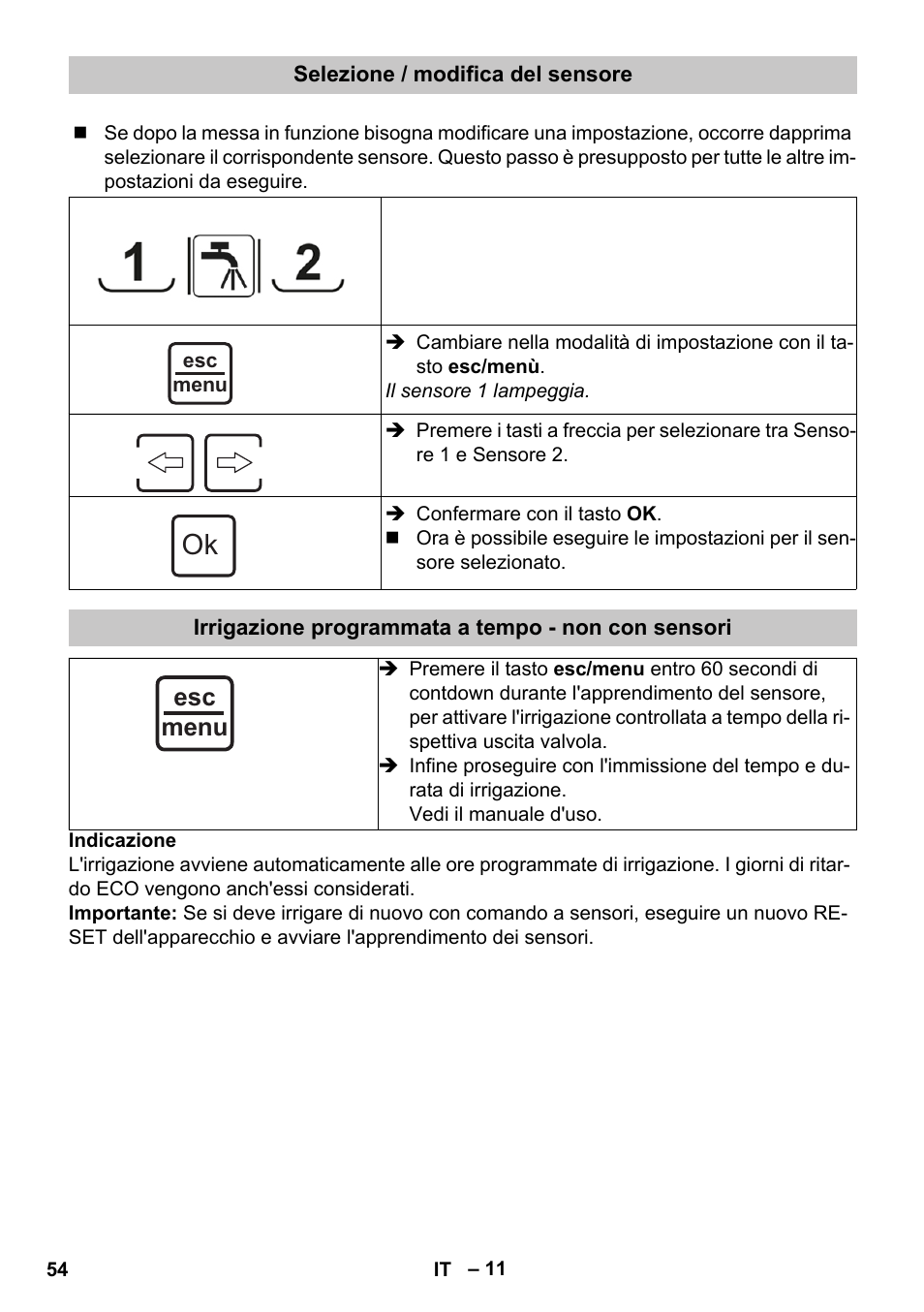 Selezione / modifica del sensore, Irrigazione programmata a tempo - non con sensori, Esc menu | Karcher SensorTimer TM ST6 DUO eco!ogic User Manual | Page 54 / 374