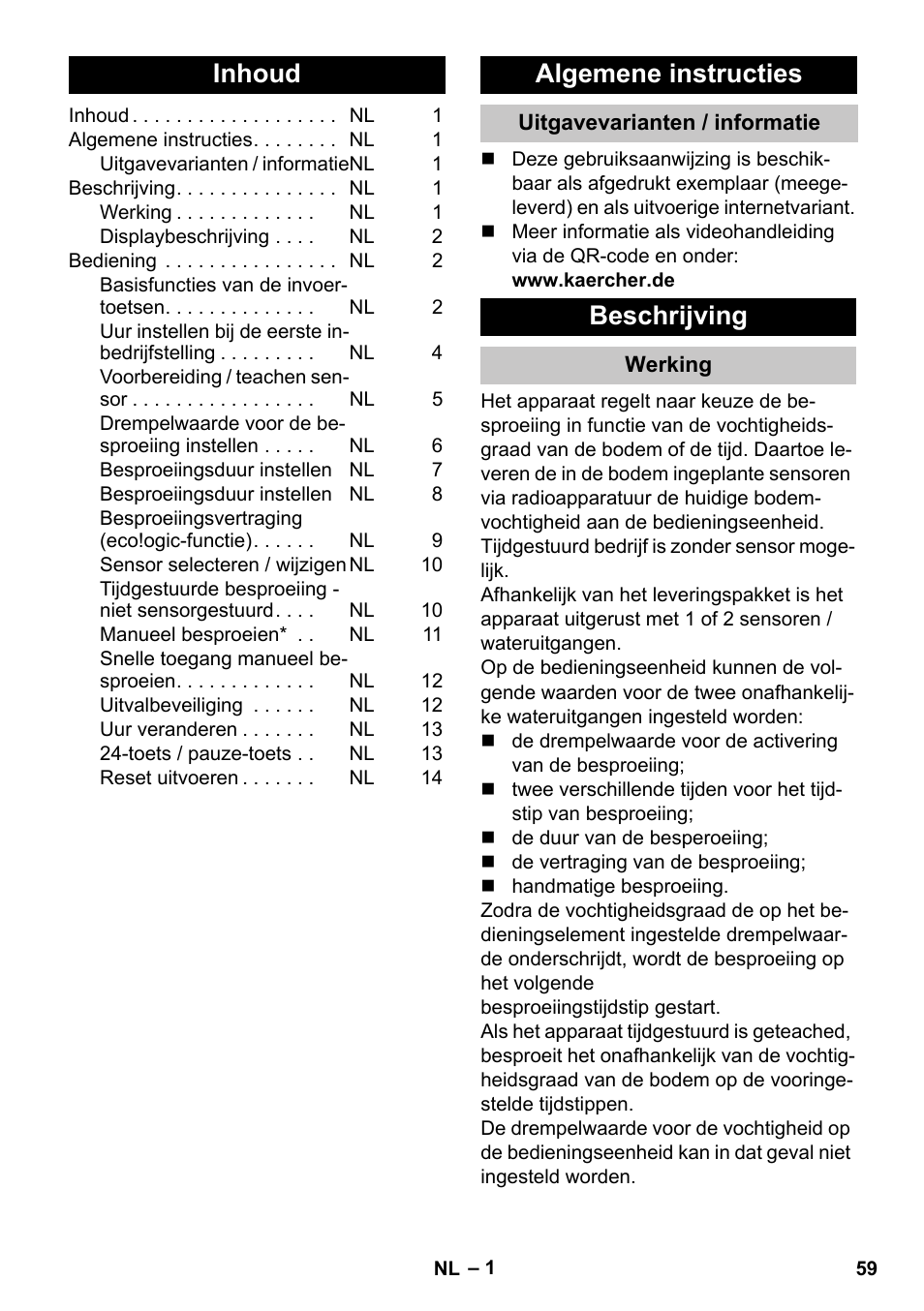 Nederlands, Inhoud, Algemene instructies | Uitgavevarianten / informatie, Beschrijving, Werking | Karcher SensorTimer TM ST6 DUO eco!ogic User Manual | Page 59 / 374