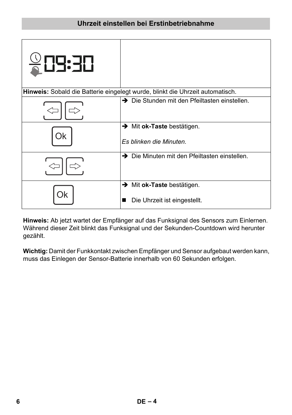 Uhrzeit einstellen bei erstinbetriebnahme | Karcher SensorTimer TM ST6 DUO eco!ogic User Manual | Page 6 / 374