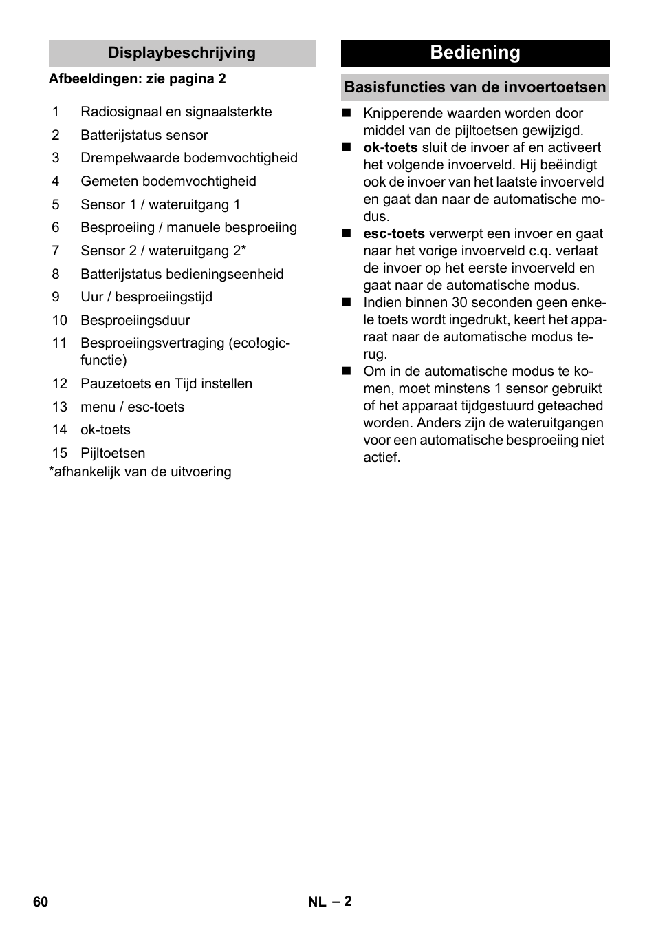 Displaybeschrijving, Bediening, Basisfuncties van de invoertoetsen | Karcher SensorTimer TM ST6 DUO eco!ogic User Manual | Page 60 / 374