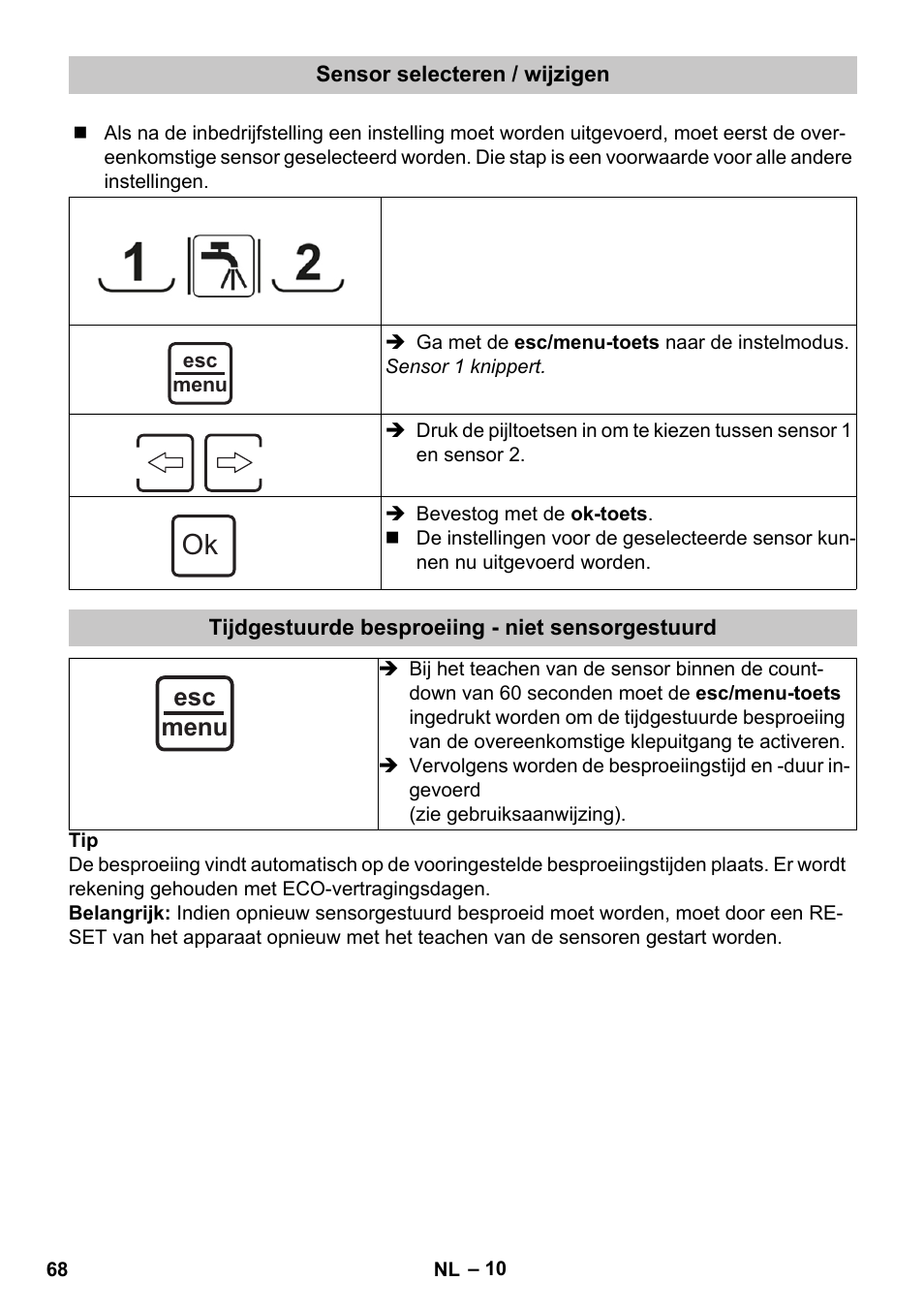 Sensor selecteren / wijzigen, Tijdgestuurde besproeiing - niet sensorgestuurd, Esc menu | Karcher SensorTimer TM ST6 DUO eco!ogic User Manual | Page 68 / 374