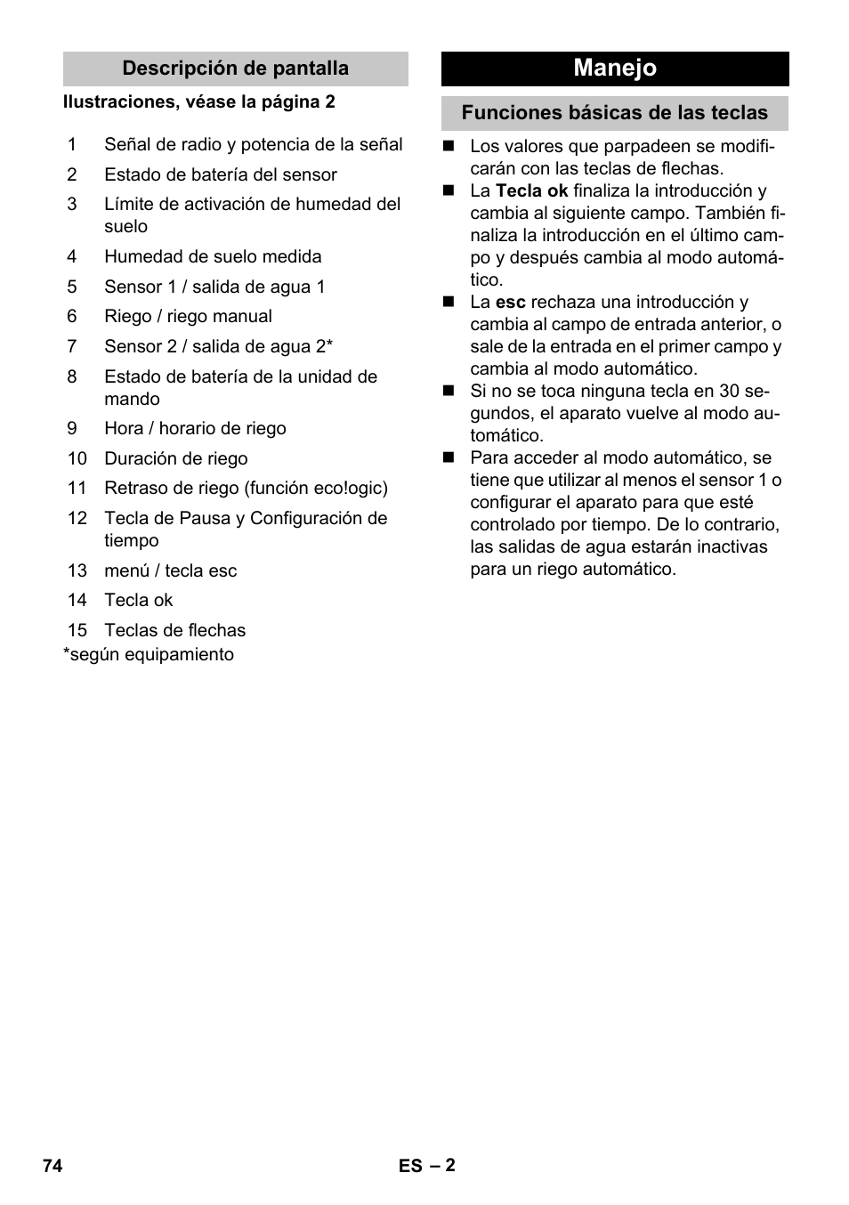 Descripción de pantalla, Manejo, Funciones básicas de las teclas | Karcher SensorTimer TM ST6 DUO eco!ogic User Manual | Page 74 / 374