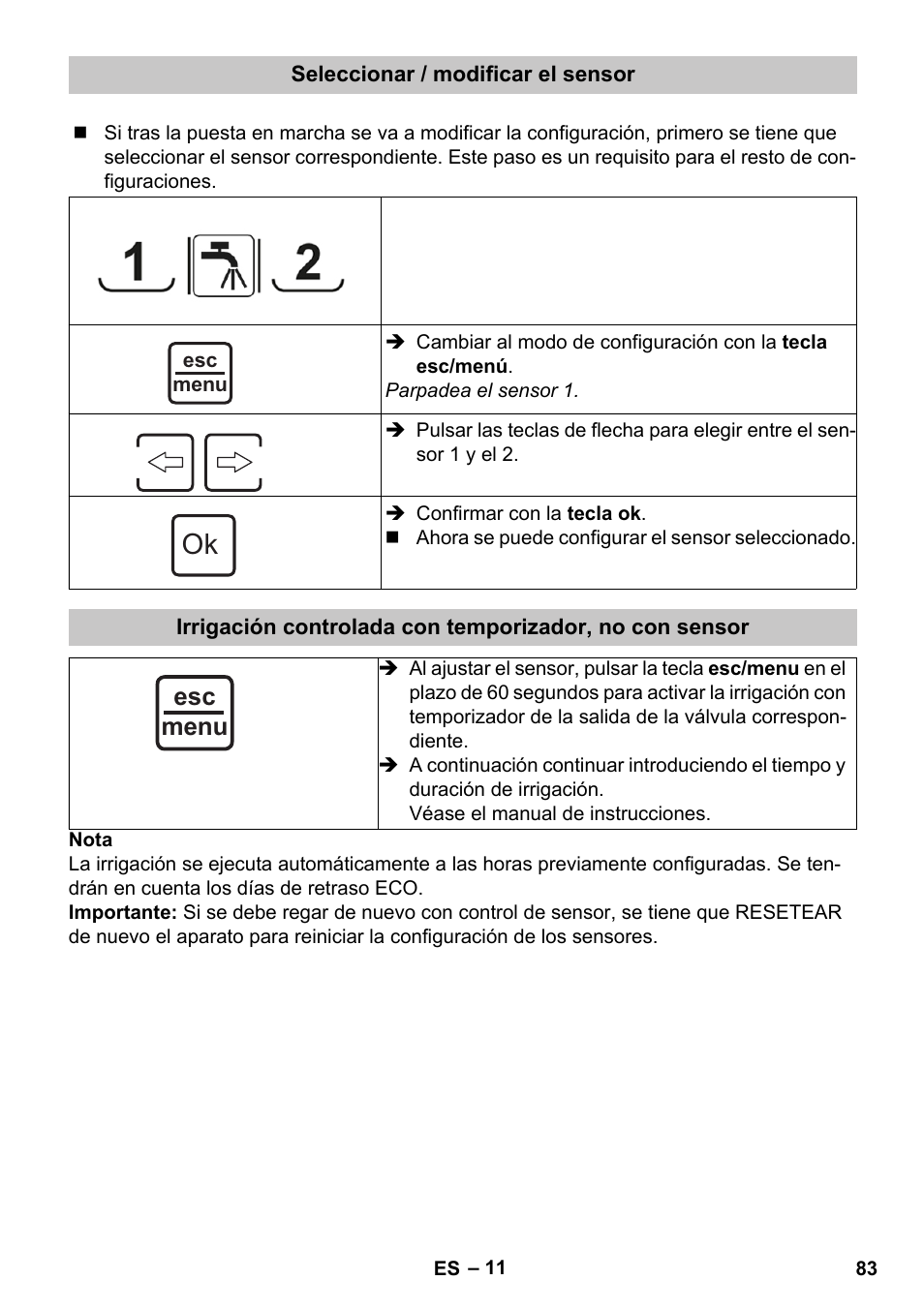Seleccionar / modificar el sensor, Esc menu | Karcher SensorTimer TM ST6 DUO eco!ogic User Manual | Page 83 / 374