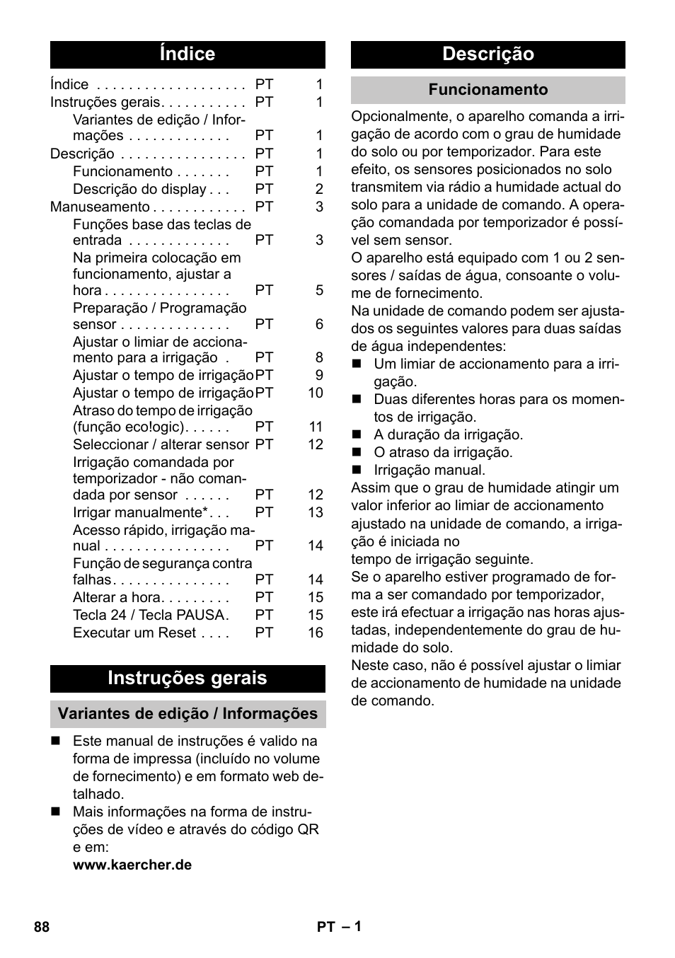 Português, Índice, Instruções gerais | Variantes de edição / informações, Descrição, Funcionamento | Karcher SensorTimer TM ST6 DUO eco!ogic User Manual | Page 88 / 374