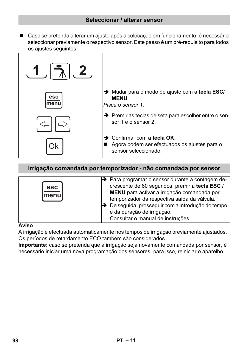 Seleccionar / alterar sensor, Esc menu | Karcher SensorTimer TM ST6 DUO eco!ogic User Manual | Page 98 / 374