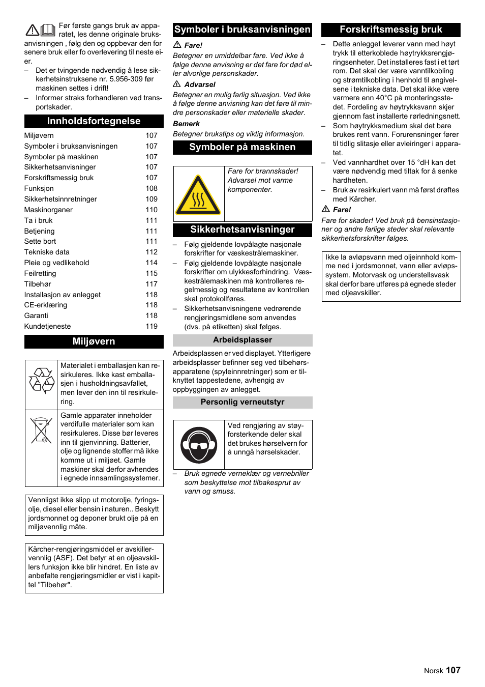 Innholdsfortegnelse miljøvern, Symboler i bruksanvisningen symboler på maskinen, Sikkerhetsanvisninger | Forskriftsmessig bruk | Karcher HDC advanced User Manual | Page 107 / 356