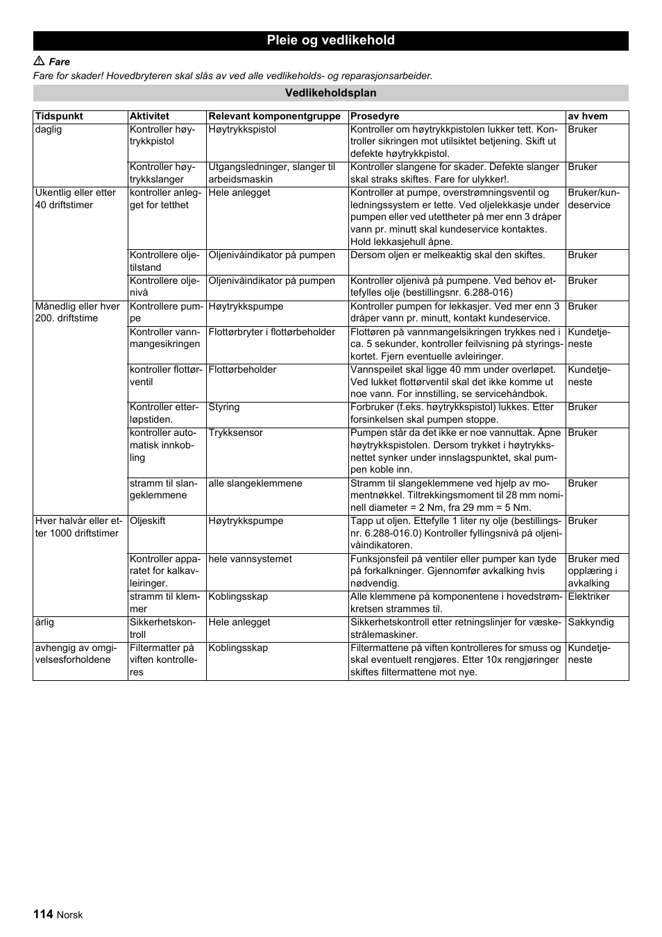 Pleie og vedlikehold | Karcher HDC advanced User Manual | Page 114 / 356