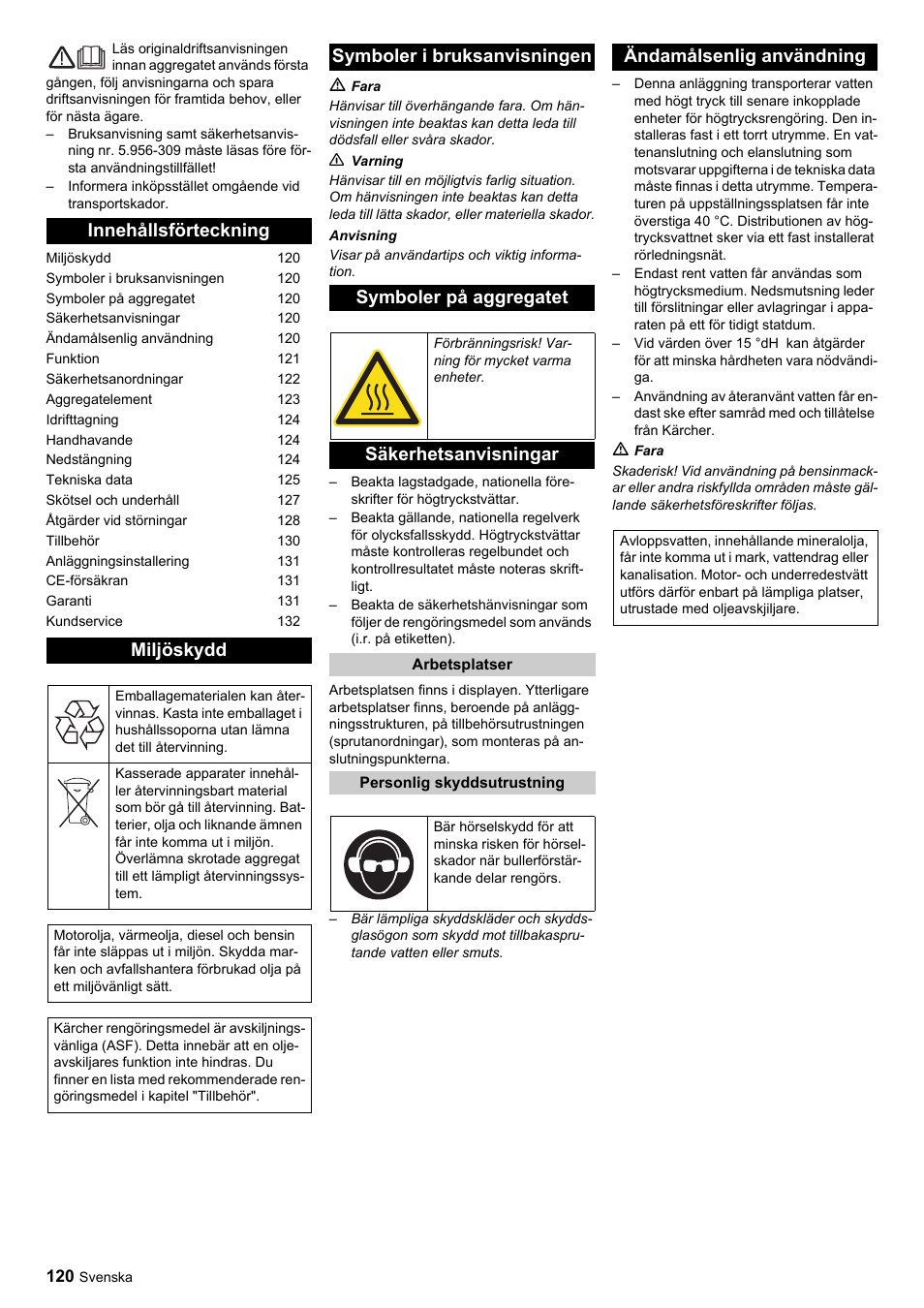 Innehållsförteckning miljöskydd, Symboler i bruksanvisningen symboler på aggregatet, Säkerhetsanvisningar | Ändamålsenlig användning | Karcher HDC advanced User Manual | Page 120 / 356