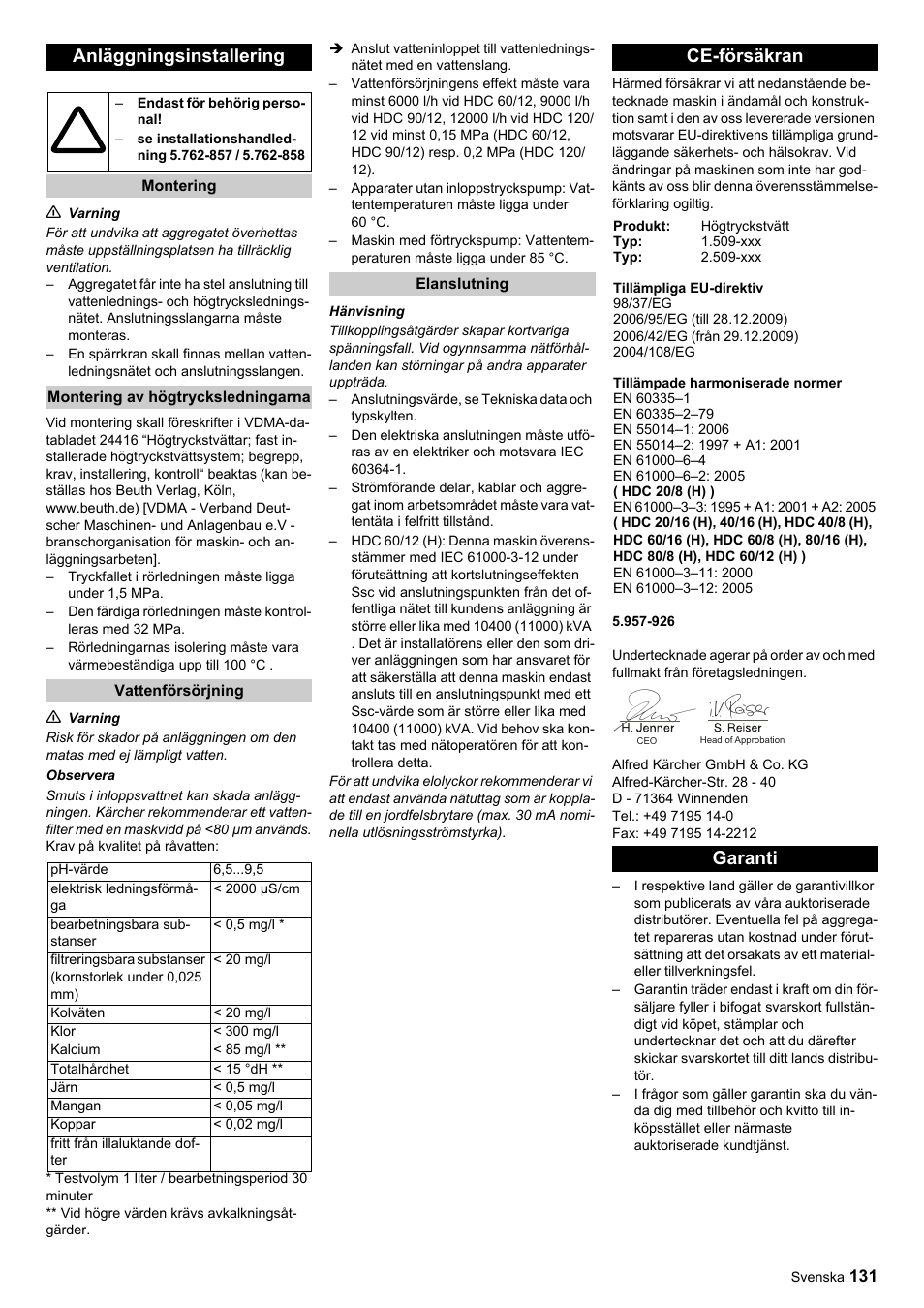 Anläggningsinstallering, Ce-försäkran, Garanti | Karcher HDC advanced User Manual | Page 131 / 356
