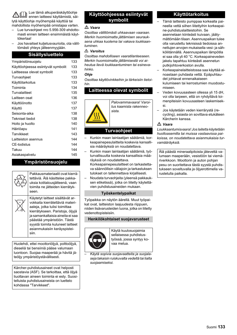 Sisällysluettelo ympäristönsuojelu, Turvaohjeet, Käyttötarkoitus | Karcher HDC advanced User Manual | Page 133 / 356